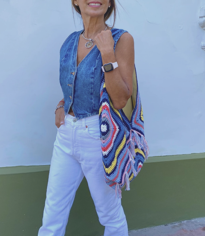 happy woman walking with colorful Canastas Namast bag